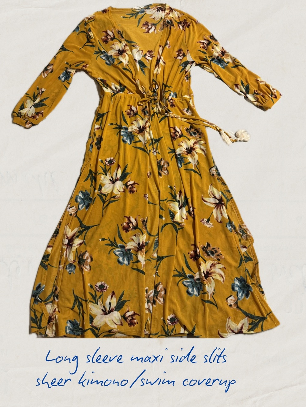 Mustard Floral Long Sleeve Maxi kimono/swimsuit coverup - Lightweight Wrap Style